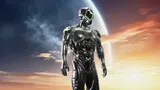 A black alien with a planet saturn in the background